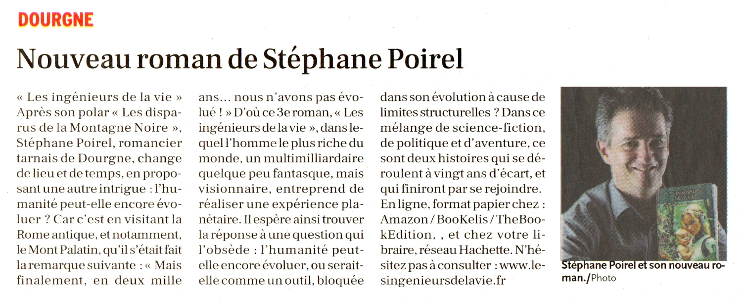 Article dans La Dépêche du Midi sur le roman Les ingénieurs de la vie